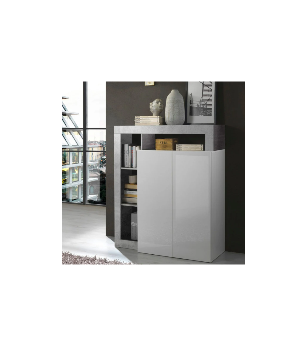 Buffet HAMBURG – Blanc laqué brillant / Béton